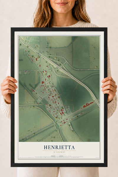 Map of Henrietta, Missouri, 18 x 24 inch print in a black wood frame
