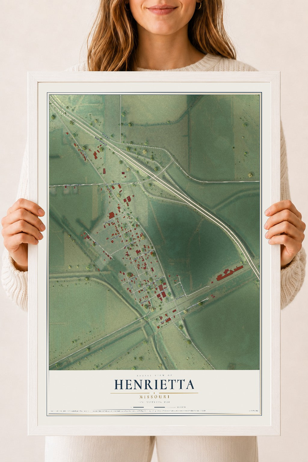 Map of Henrietta, Missouri, 18 x 24 inch print in a white wood frame