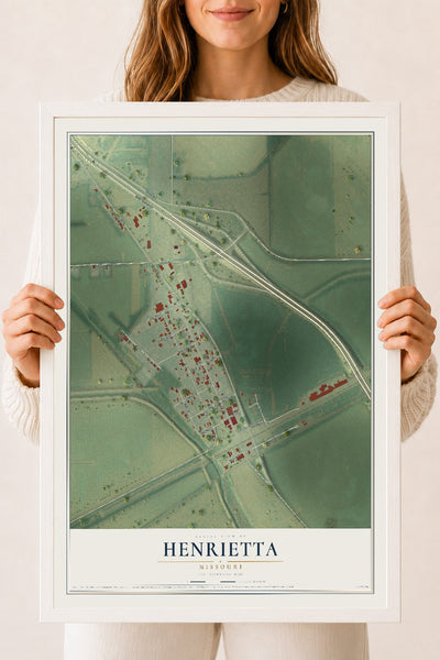 Map of Henrietta, Missouri, 18 x 24 inch print in a white wood frame