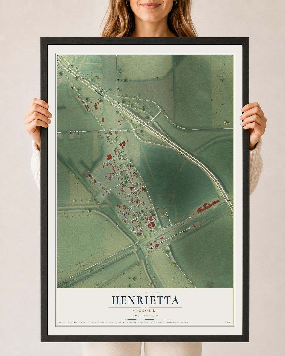 Map of Henrietta, Missouri, 24 x 36 inch print in a black wood frame
