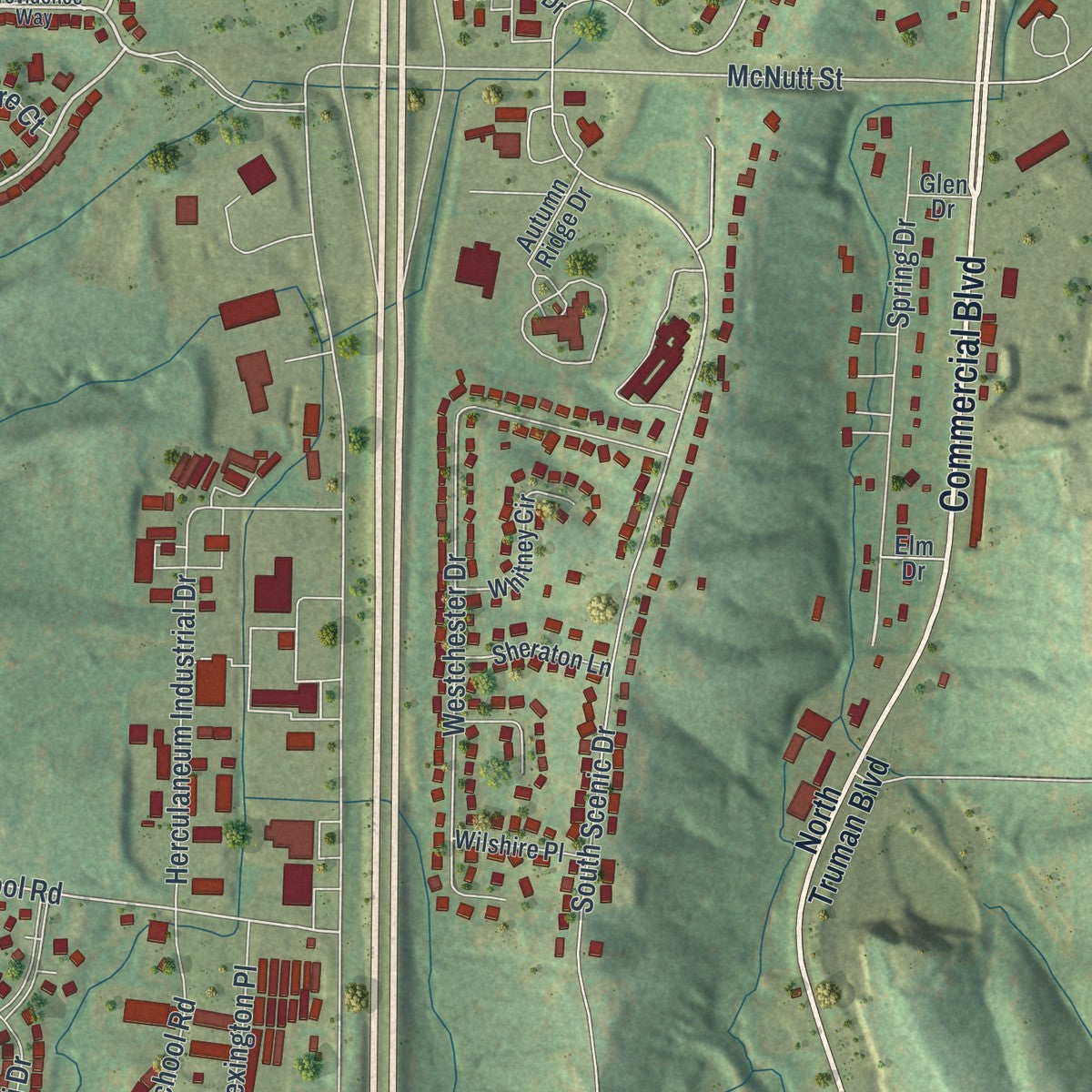 Second close-up of the map of Herculaneum, Missouri print showing more streets and buildings