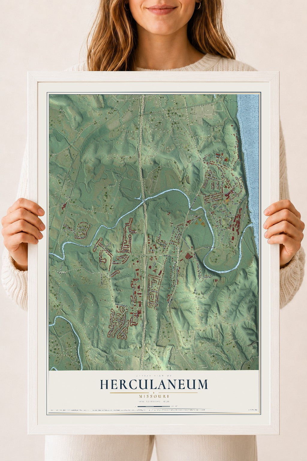 Map of Herculaneum, Missouri, 18 x 24 inch print in a white wood frame