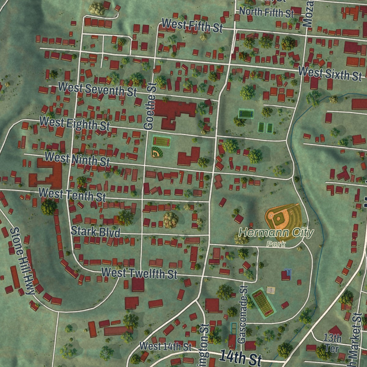 Close-up of the map of Hermann, Missouri print showing street and building detail