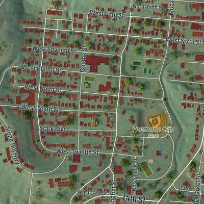 Close-up of the map of Hermann, Missouri print showing street and building detail