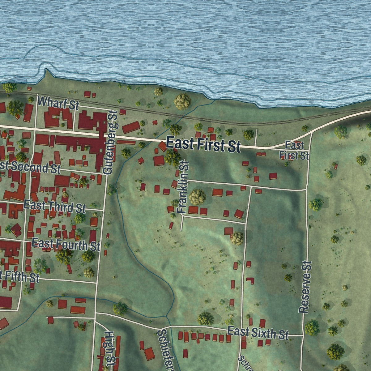 Second close-up of the map of Hermann, Missouri print showing more streets and buildings