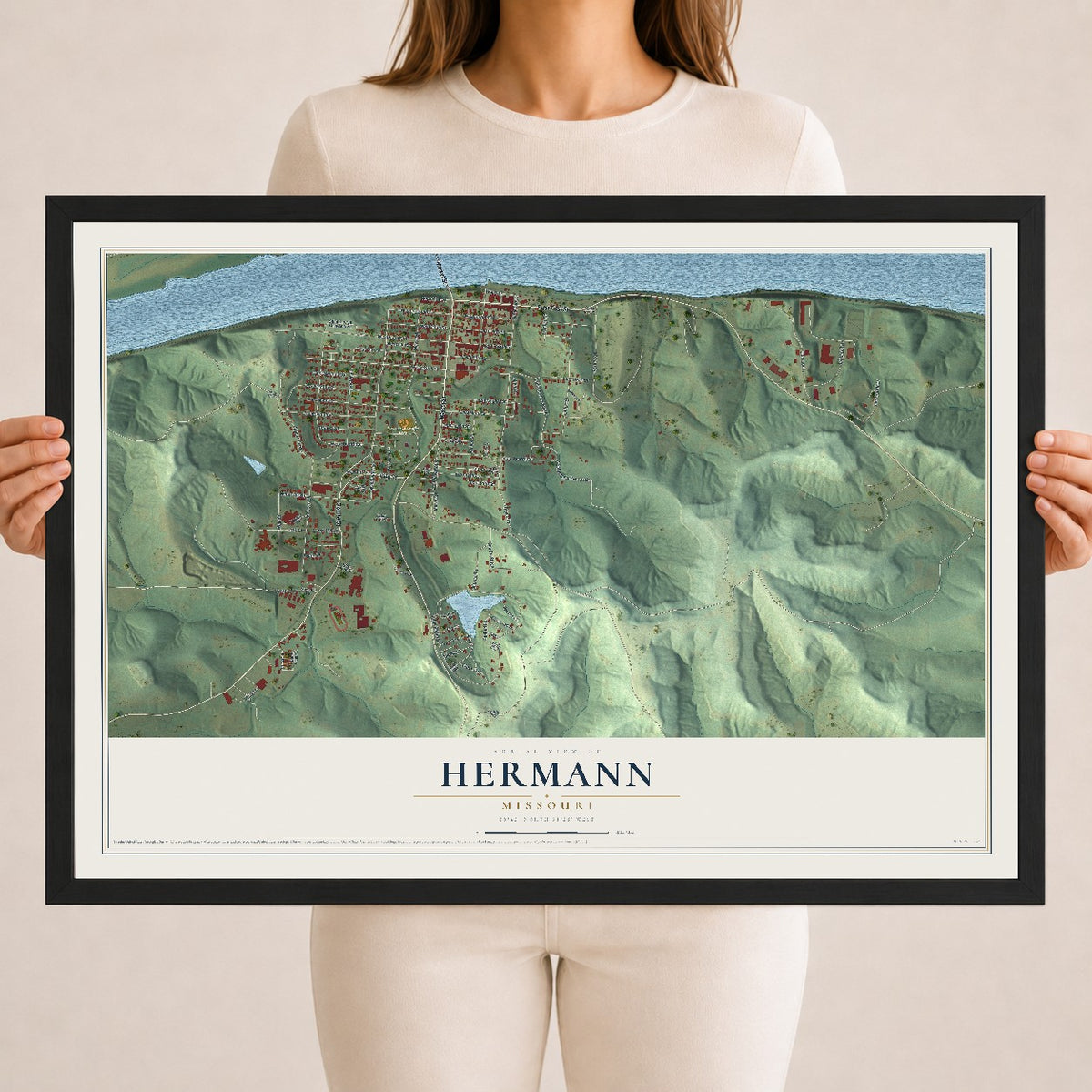 Map of Hermann, Missouri, 18 x 24 inch print in a black wood frame