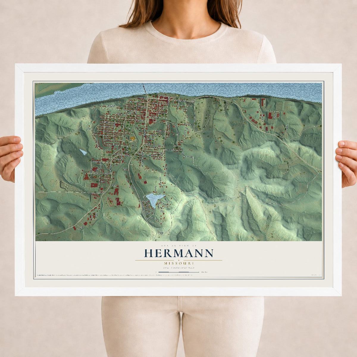 Map of Hermann, Missouri, 18 x 24 inch print in a white wood frame