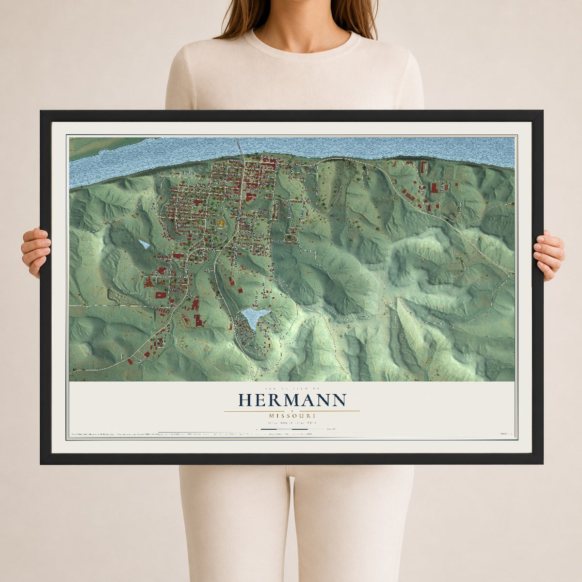 Map of Hermann, Missouri, 24 x 36 inch print in a black wood frame