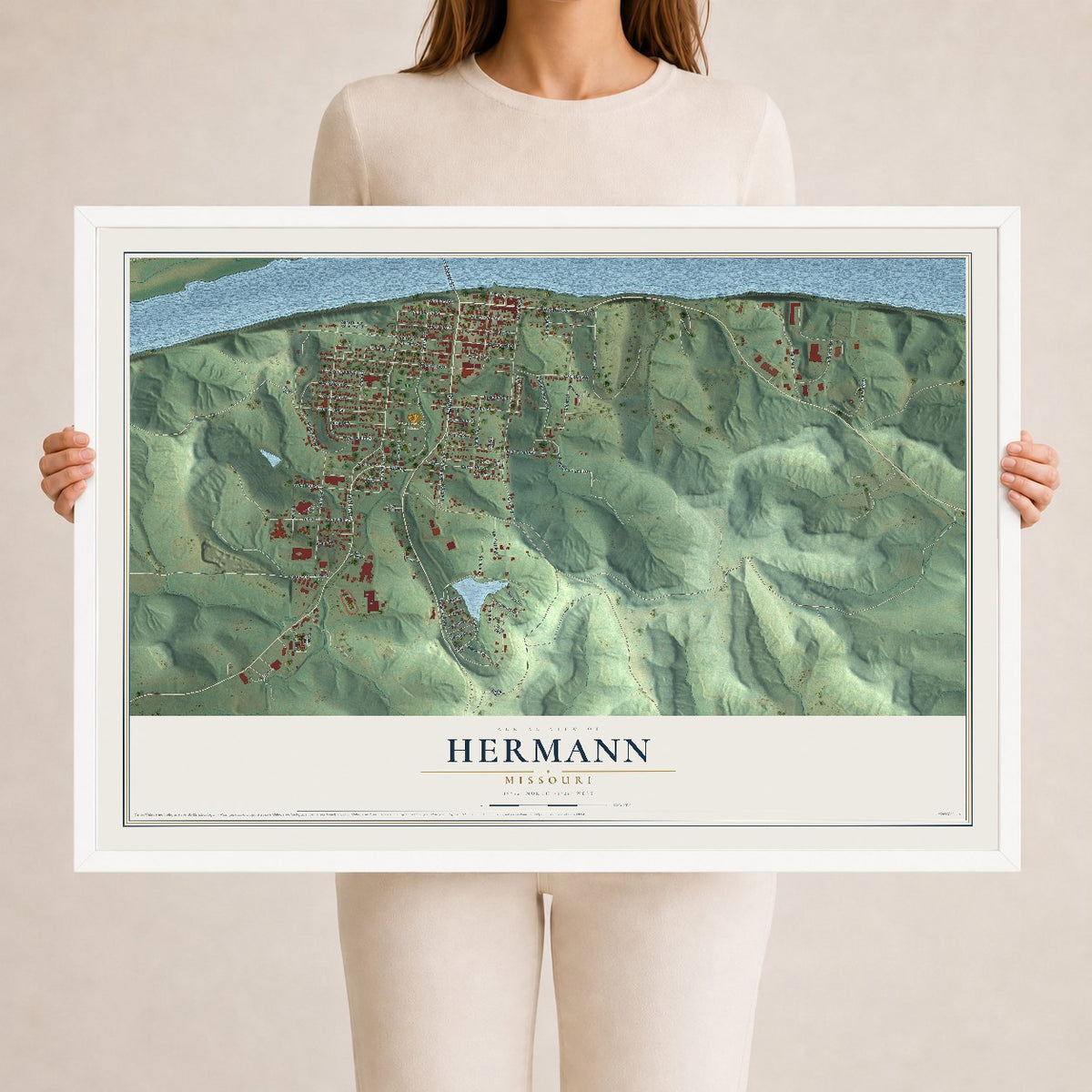Map of Hermann, Missouri, 24 x 36 inch print in a white wood frame