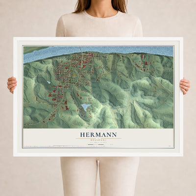 Map of Hermann, Missouri, 24 x 36 inch print in a white wood frame