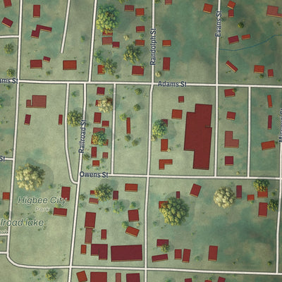 Close-up of the map of Higbee, Missouri print showing street and building detail