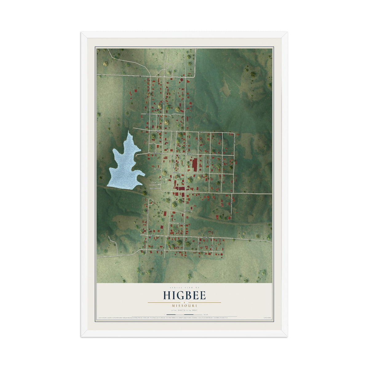 Map of Higbee, Missouri, 12 x 18 inch print in a white wood frame