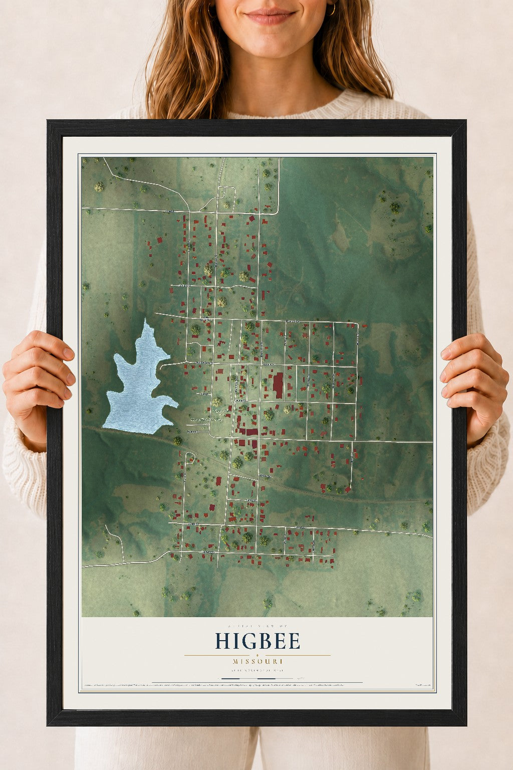 Map of Higbee, Missouri, 18 x 24 inch print in a black wood frame
