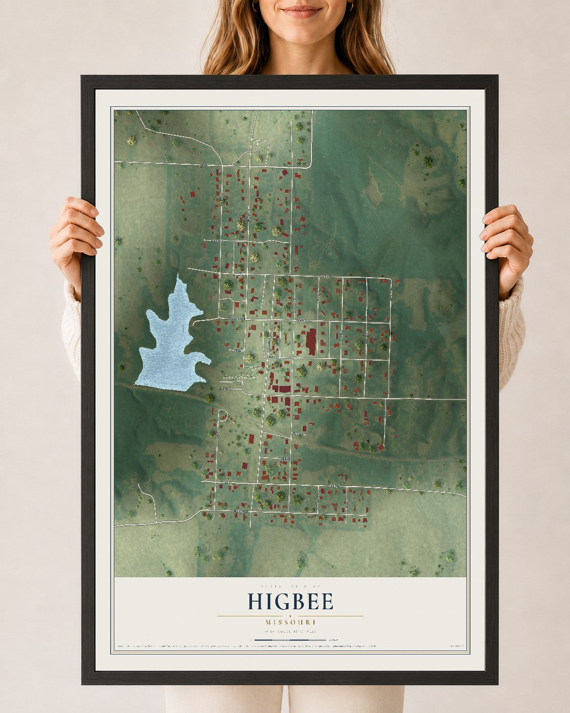 Map of Higbee, Missouri, 24 x 36 inch print in a black wood frame