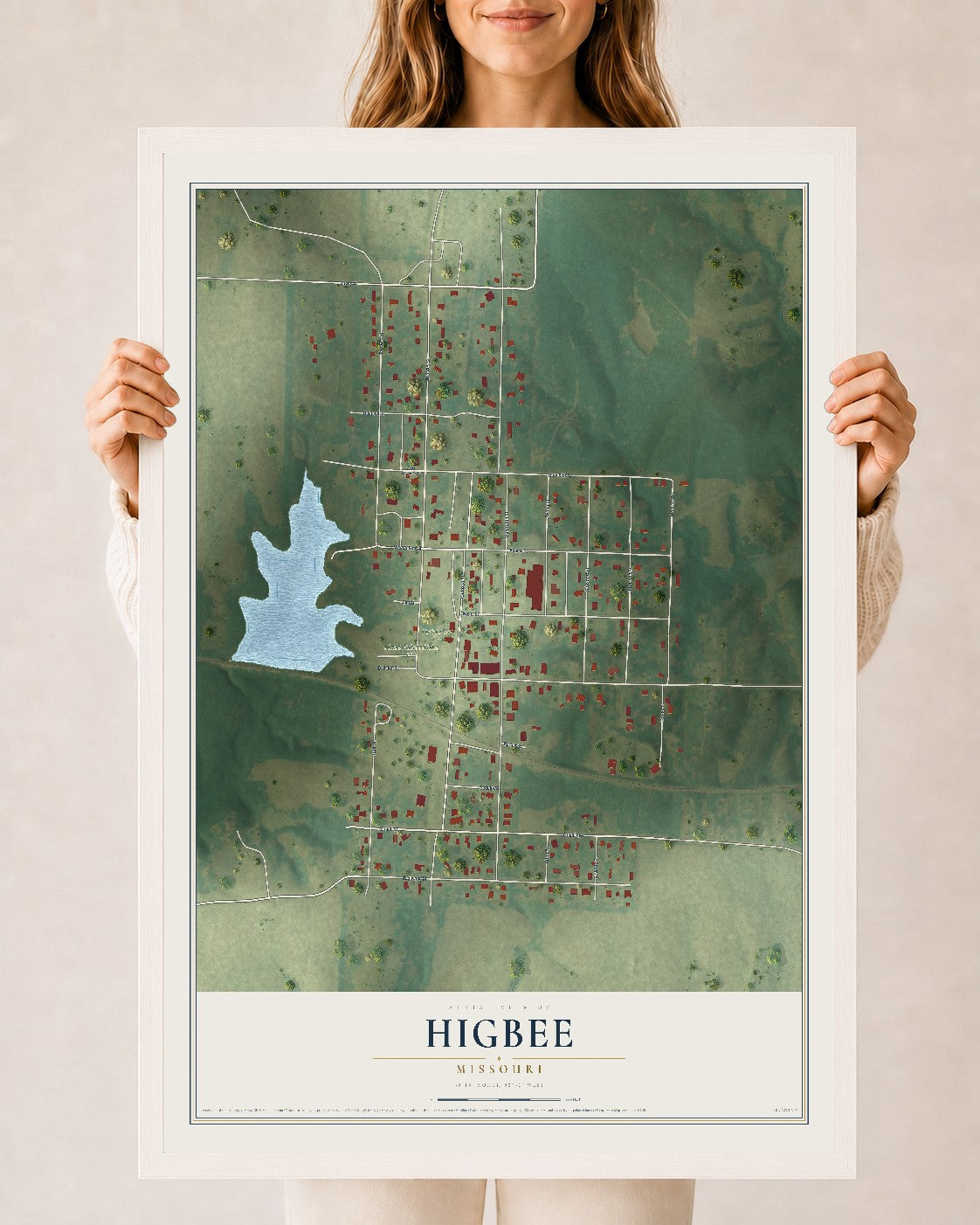 Map of Higbee, Missouri, 24 x 36 inch print in a white wood frame