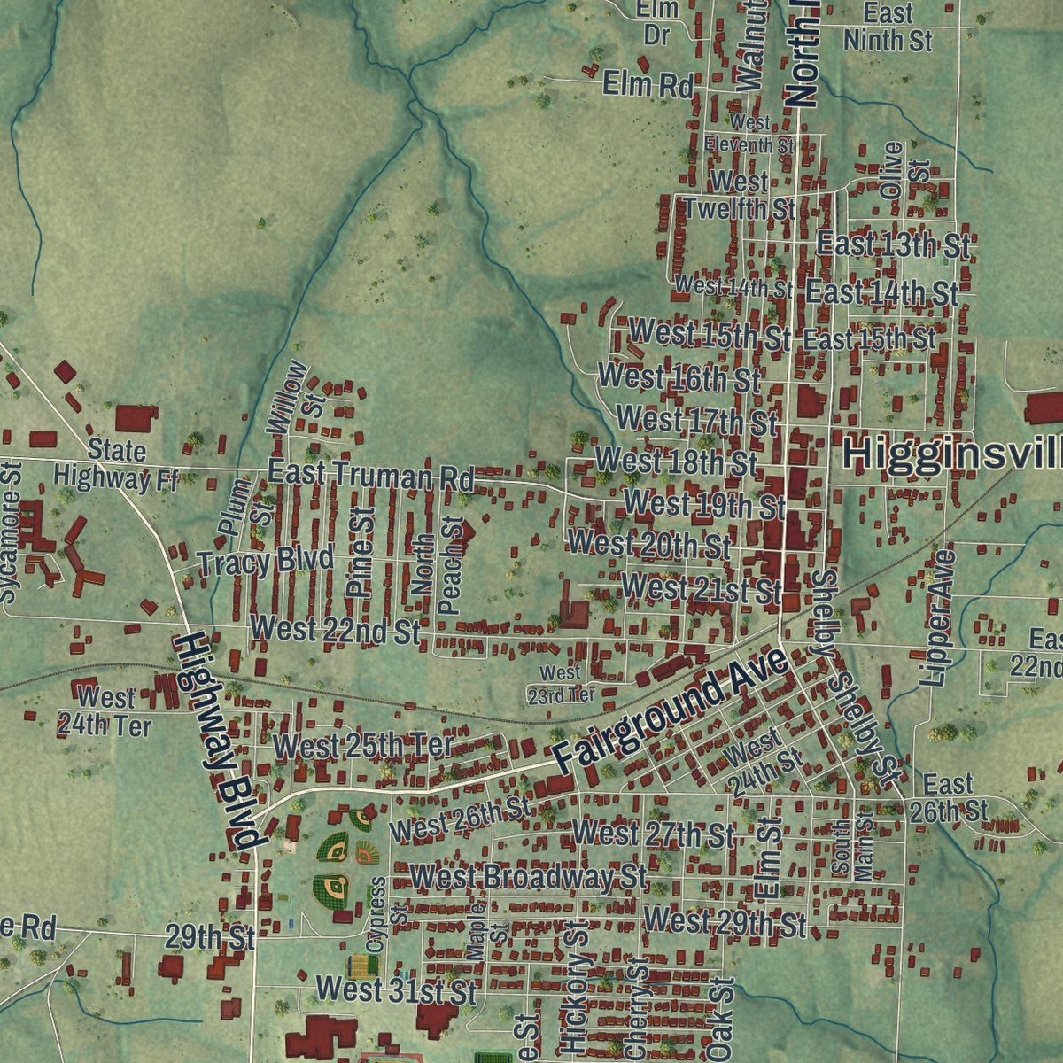 Close-up of the map of Higginsville, Missouri print showing street and building detail