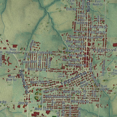 Close-up of the map of Higginsville, Missouri print showing street and building detail