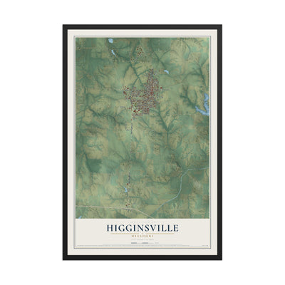 Map of Higginsville, Missouri, 12 x 18 inch print in a black wood frame