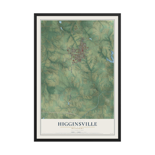 Map of Higginsville, Missouri, 12 x 18 inch print in a black wood frame