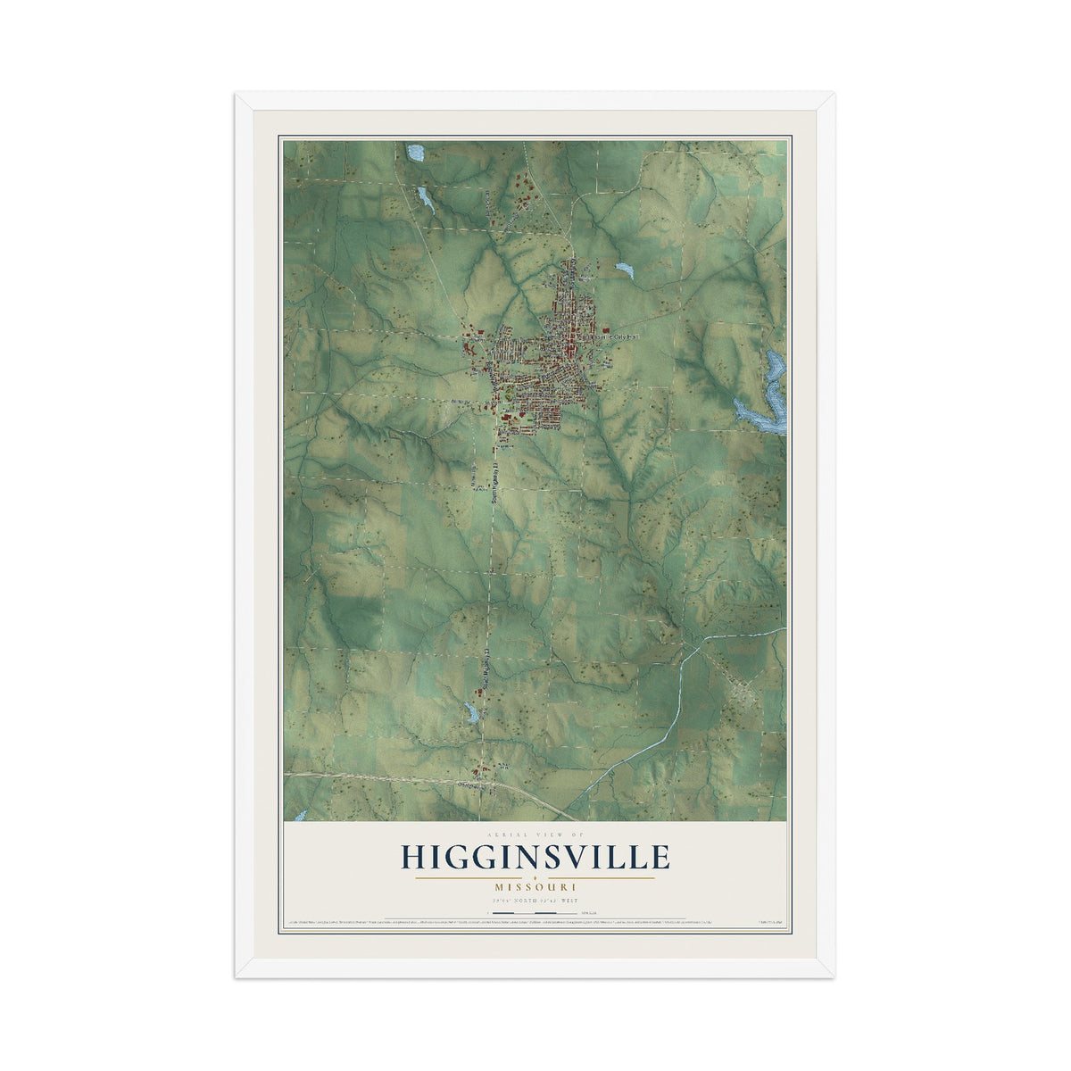 Map of Higginsville, Missouri, 12 x 18 inch print in a white wood frame