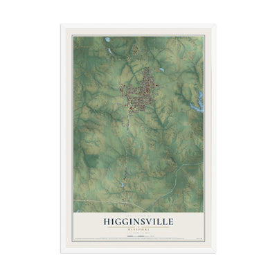 Map of Higginsville, Missouri, 12 x 18 inch print in a white wood frame