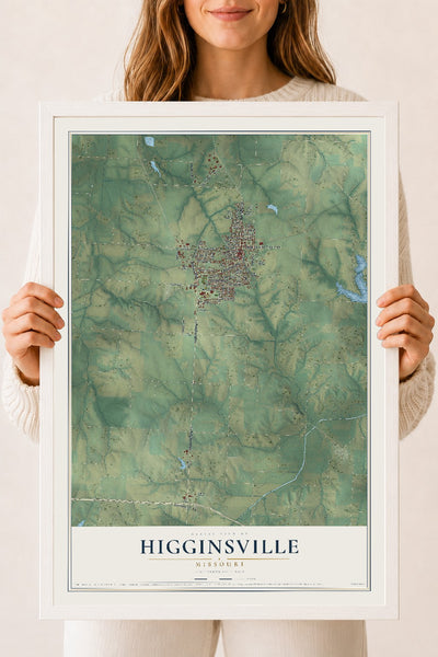 Map of Higginsville, Missouri, 18 x 24 inch print in a white wood frame