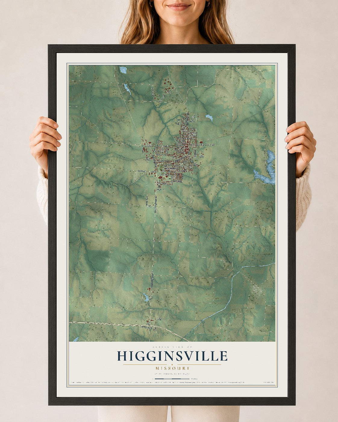 Map of Higginsville, Missouri, 24 x 36 inch print in a black wood frame