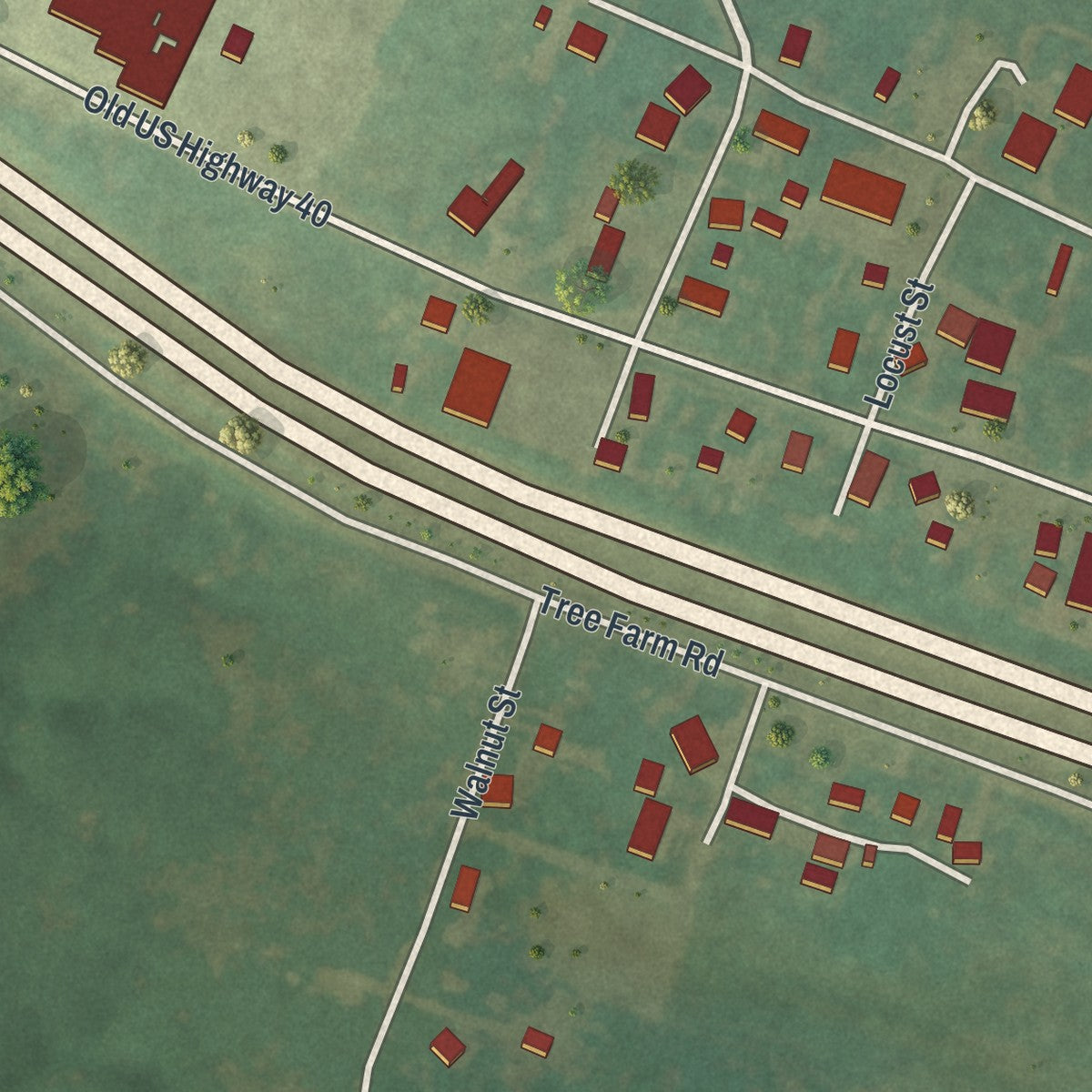 Close-up of the map of High Hill, Missouri print showing street and building detail