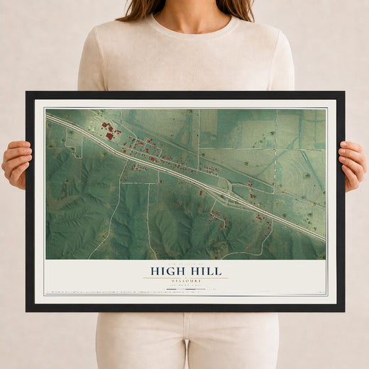 Map of High Hill, Missouri, 12 x 18 inch print in a black wood frame