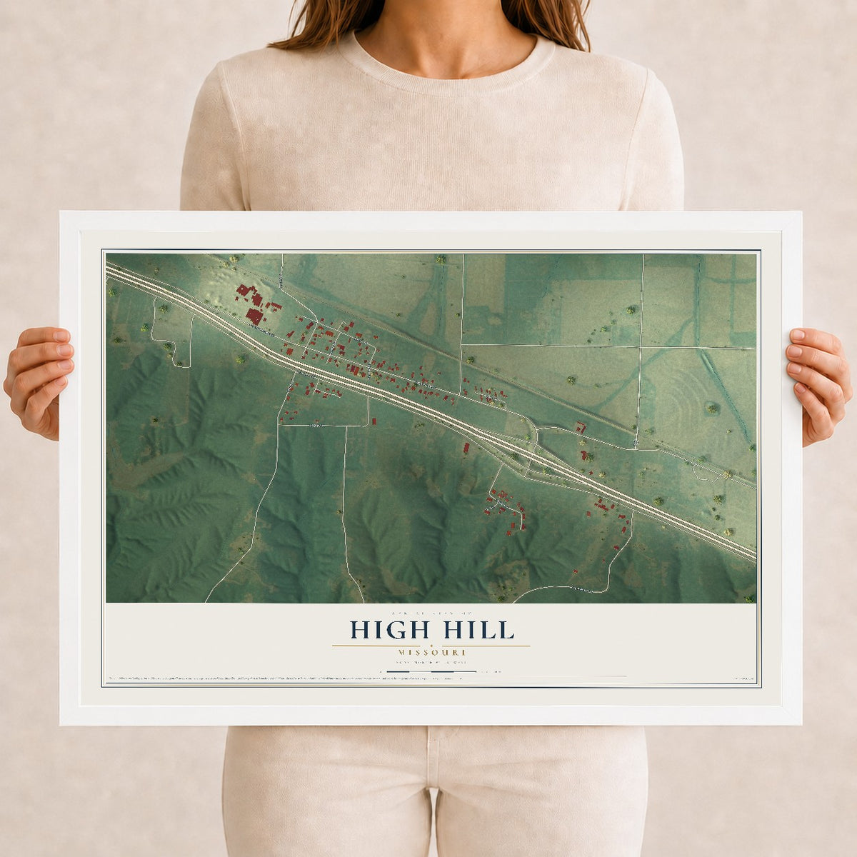 Map of High Hill, Missouri, 12 x 18 inch print in a white wood frame