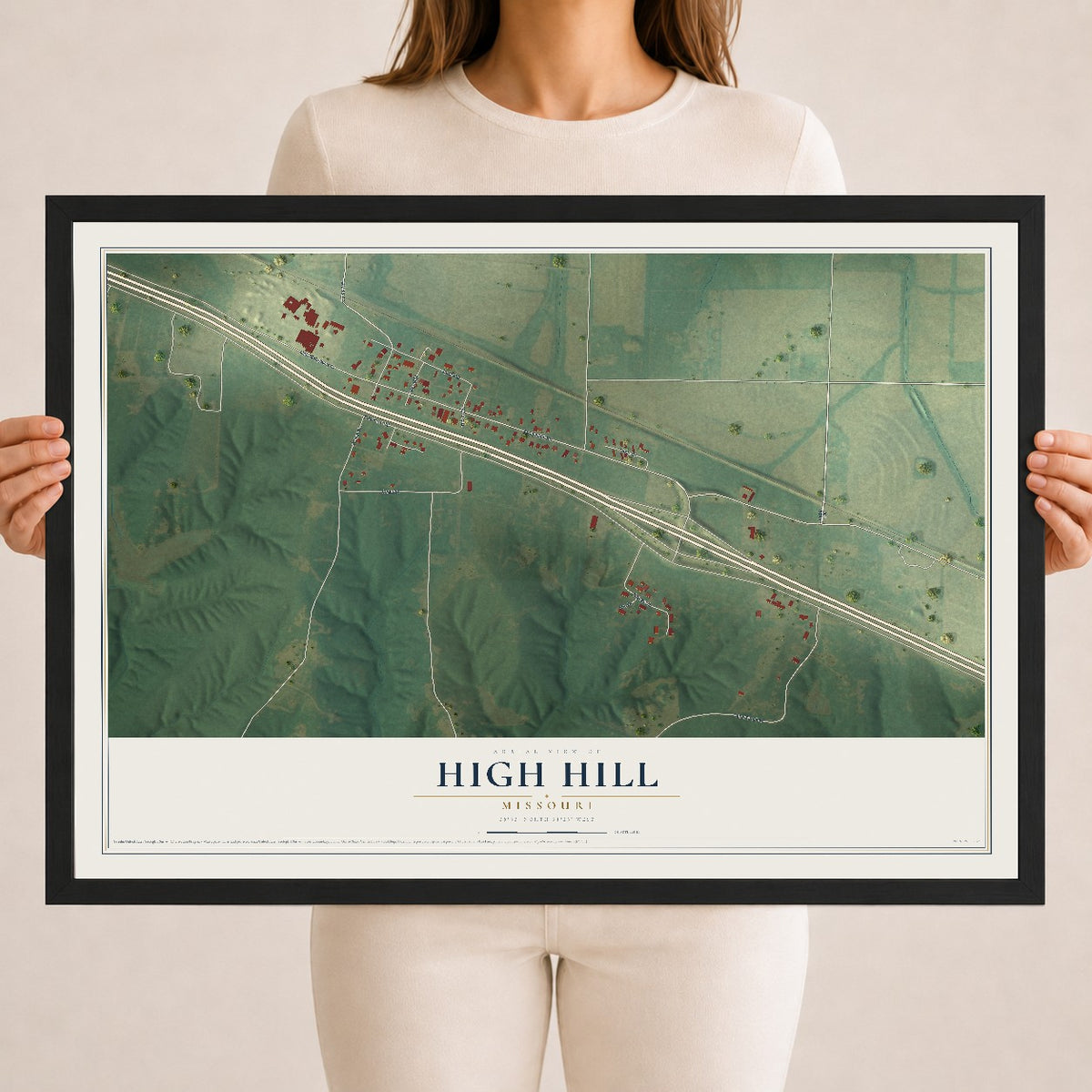 Map of High Hill, Missouri, 18 x 24 inch print in a black wood frame