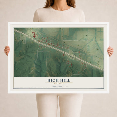 Map of High Hill, Missouri, 24 x 36 inch print in a white wood frame