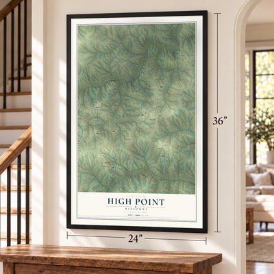 High Point, Missouri map, 24 x 36 inch print in a black frame by a staircase