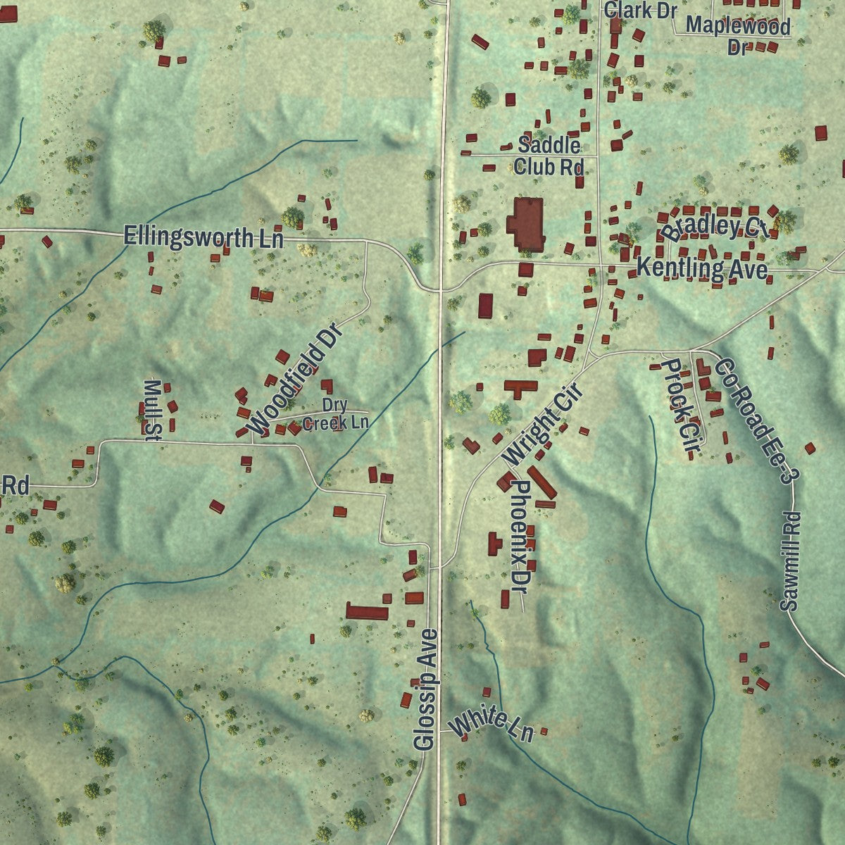 Close-up of the map of Highlandville, Missouri print showing street and building detail