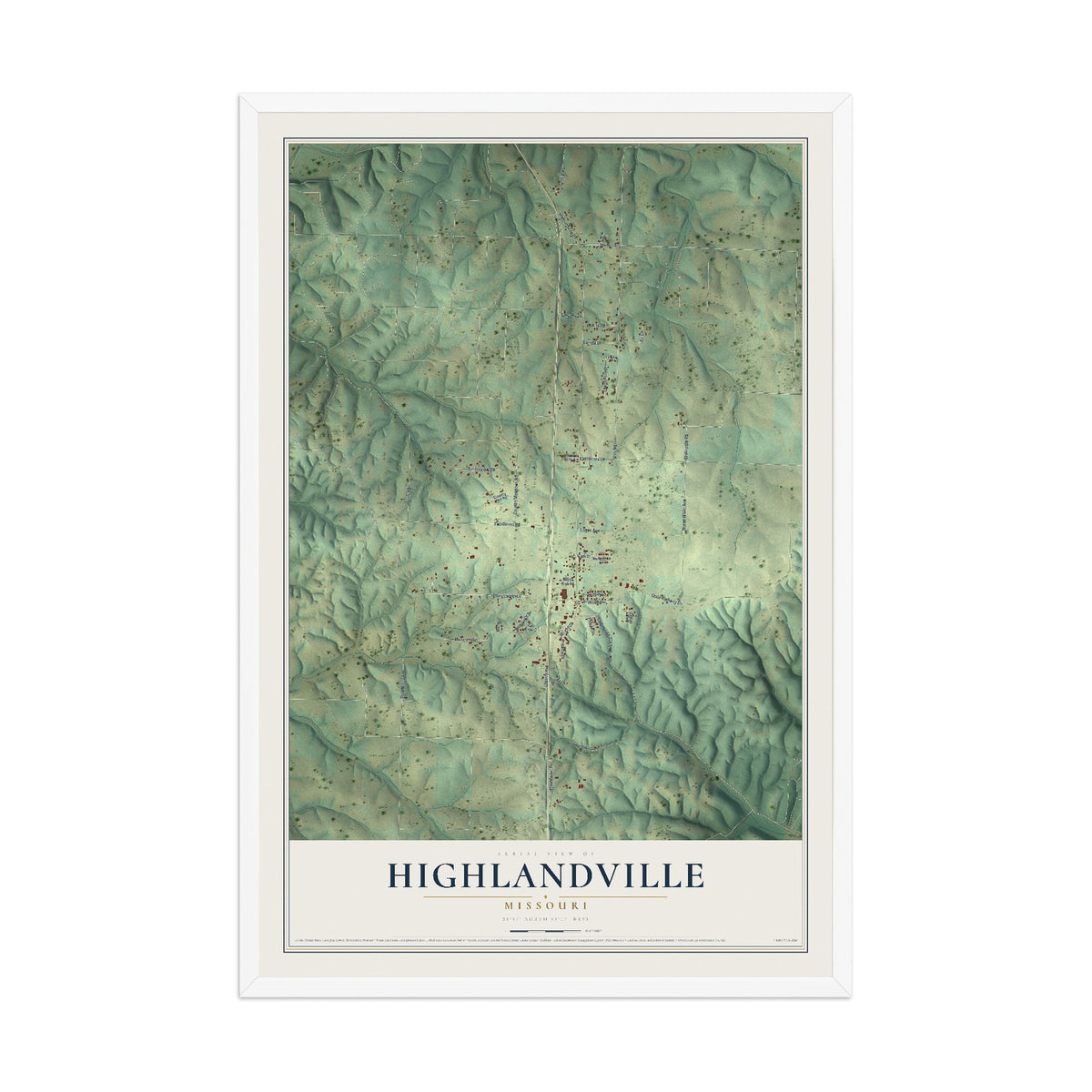Map of Highlandville, Missouri, 12 x 18 inch print in a white wood frame