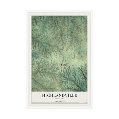 Map of Highlandville, Missouri, 12 x 18 inch print in a white wood frame