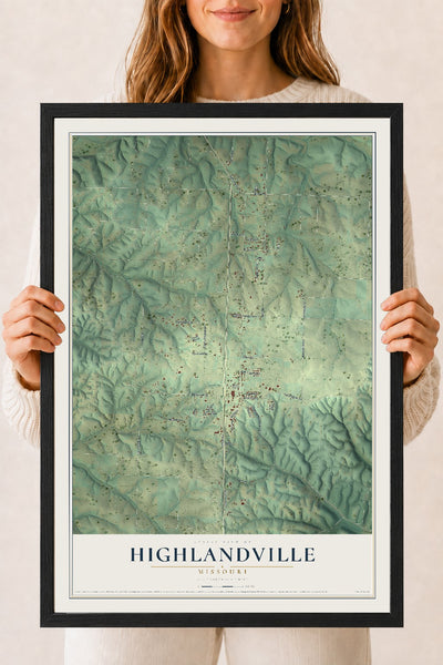 Map of Highlandville, Missouri, 18 x 24 inch print in a black wood frame