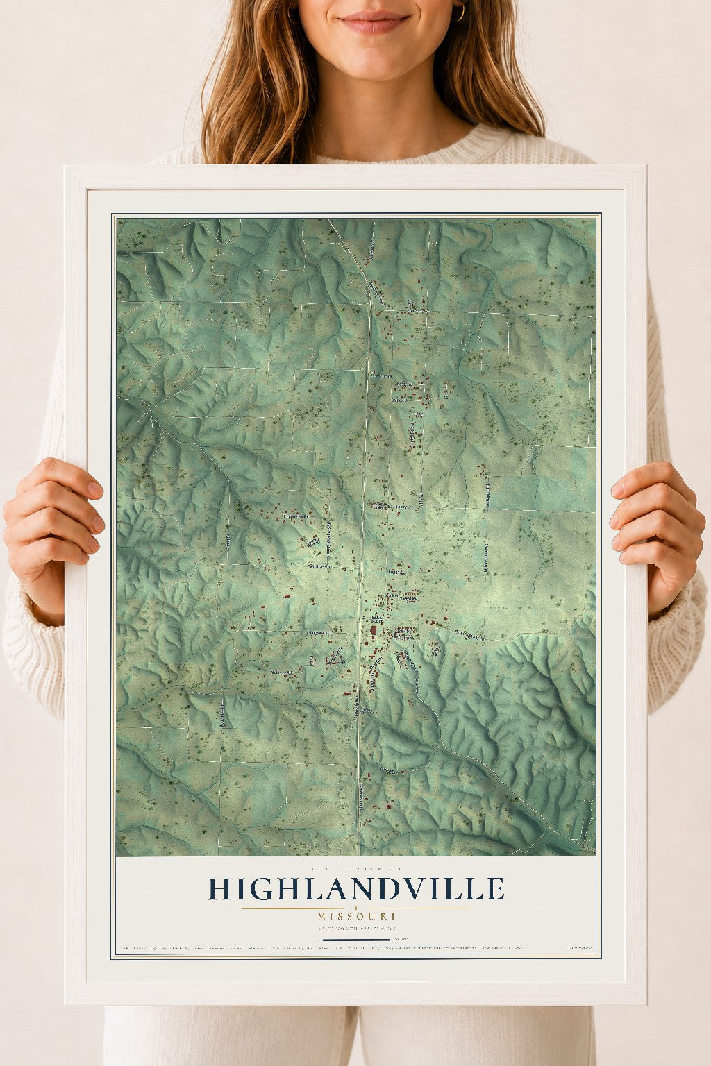 Map of Highlandville, Missouri, 18 x 24 inch print in a white wood frame