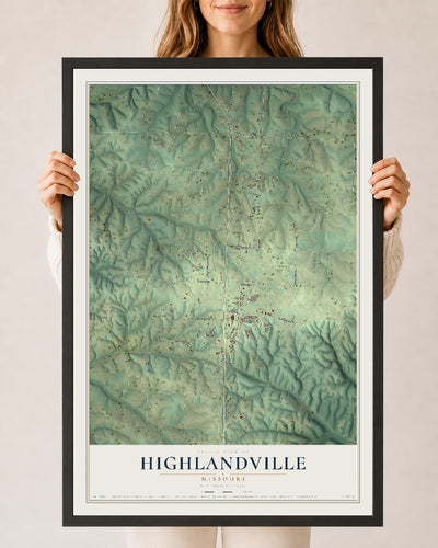 Map of Highlandville, Missouri, 24 x 36 inch print in a black wood frame