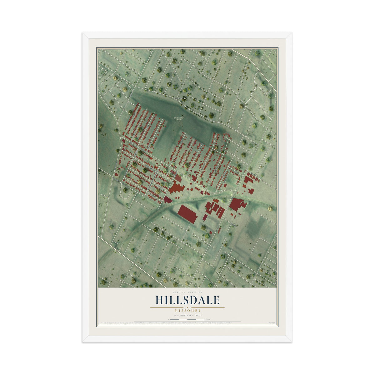 Map of Hillsdale, Missouri, 12 x 18 inch print in a white wood frame