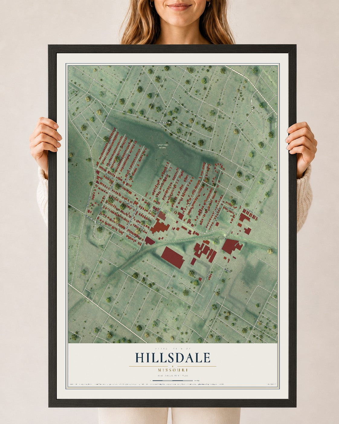 Map of Hillsdale, Missouri, 24 x 36 inch print in a black wood frame
