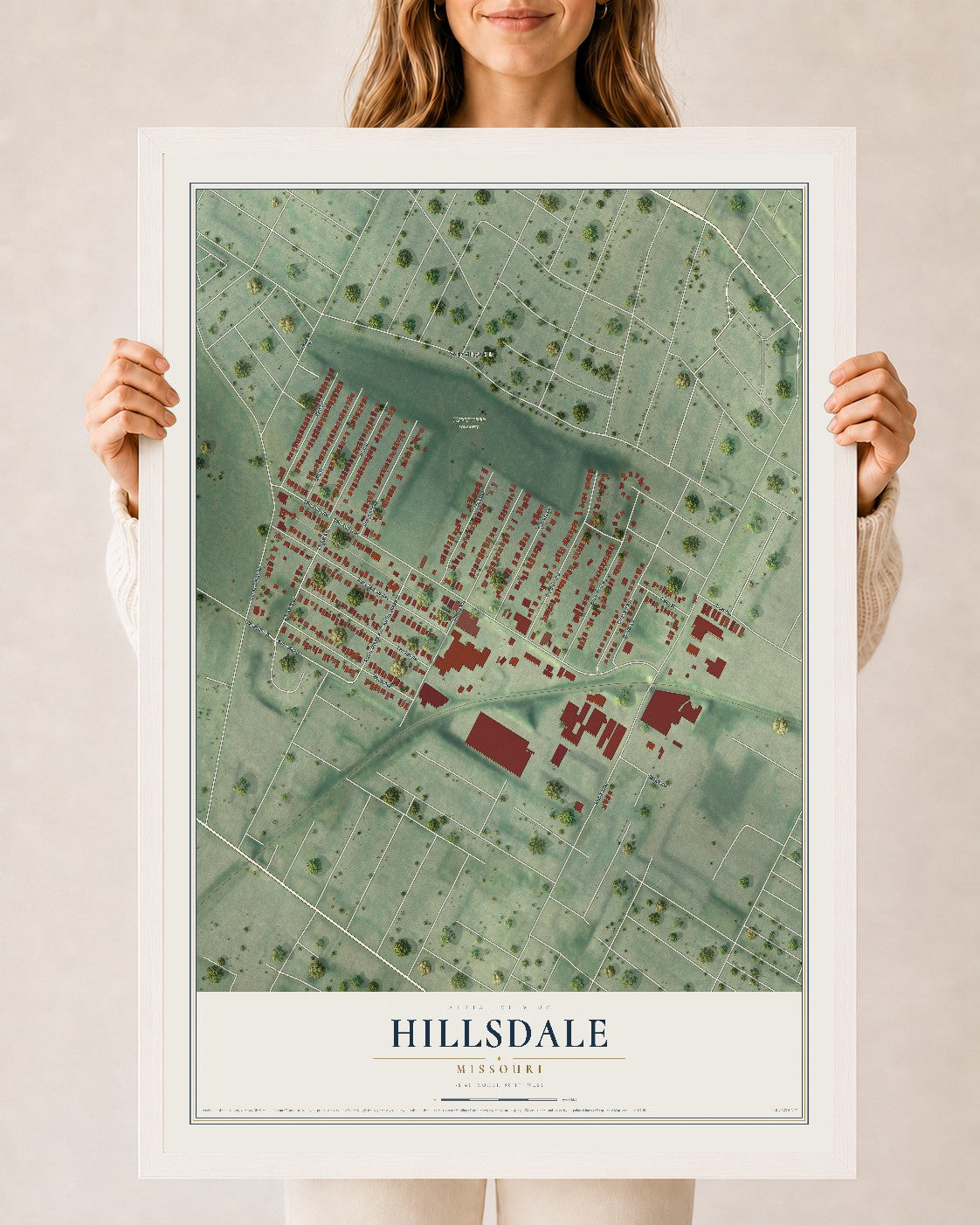 Map of Hillsdale, Missouri, 24 x 36 inch print in a white wood frame