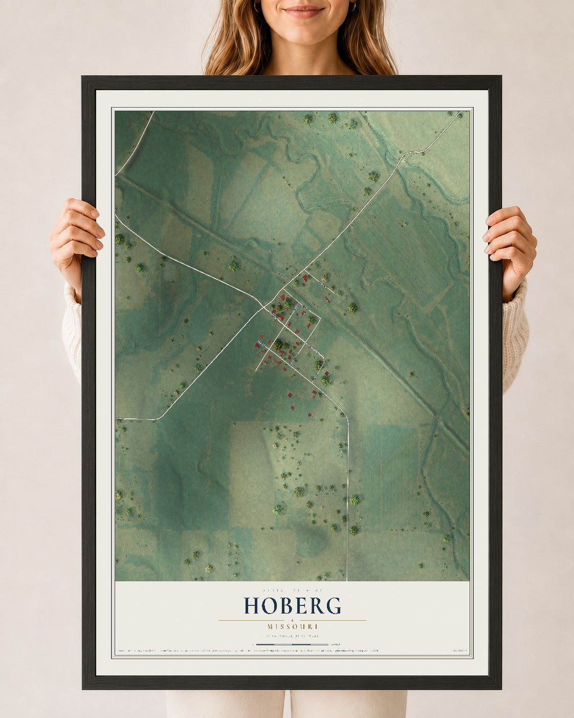 Map of Hoberg, Missouri, 24 x 36 inch print in a black wood frame