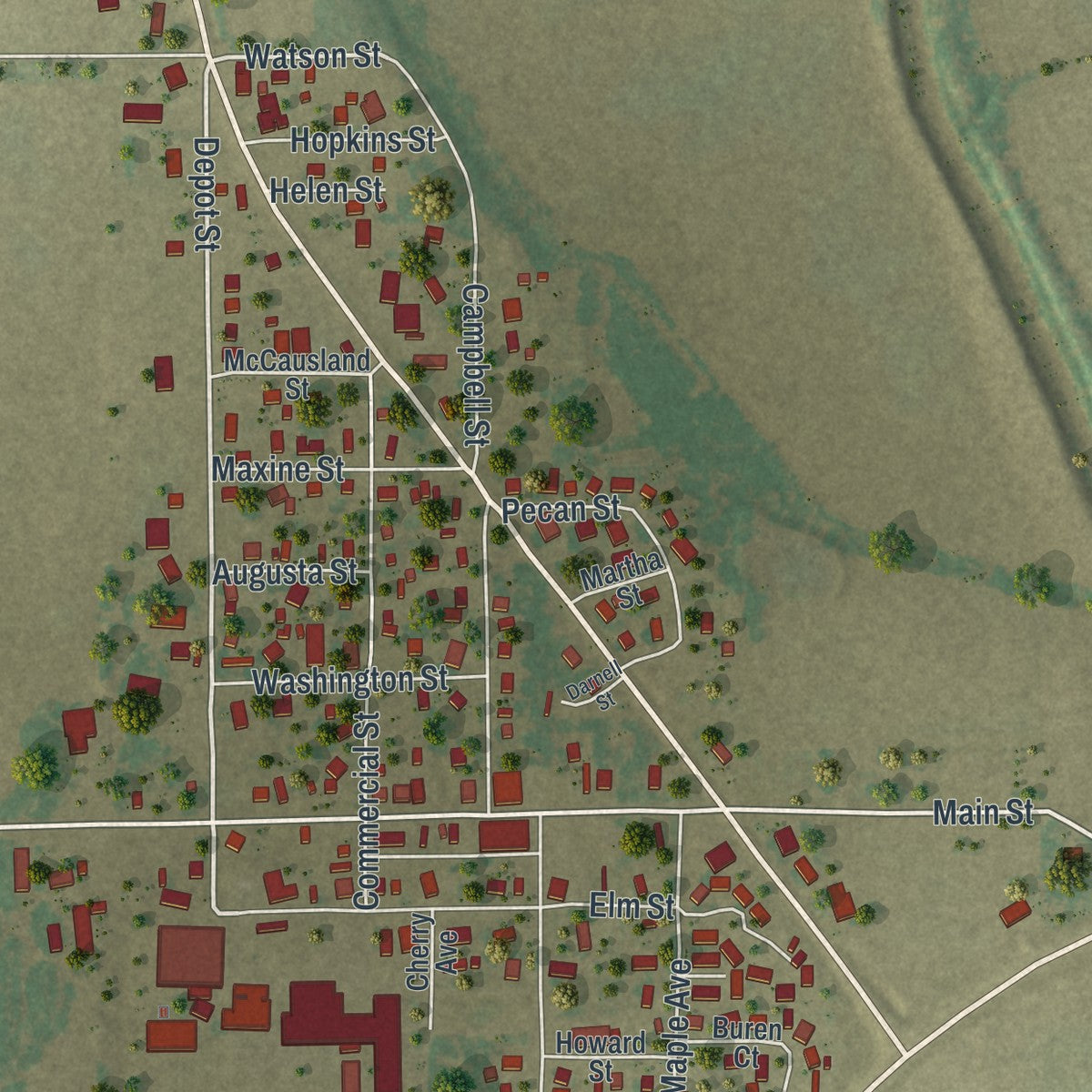 Close-up of the map of Holcomb, Missouri print showing street and building detail