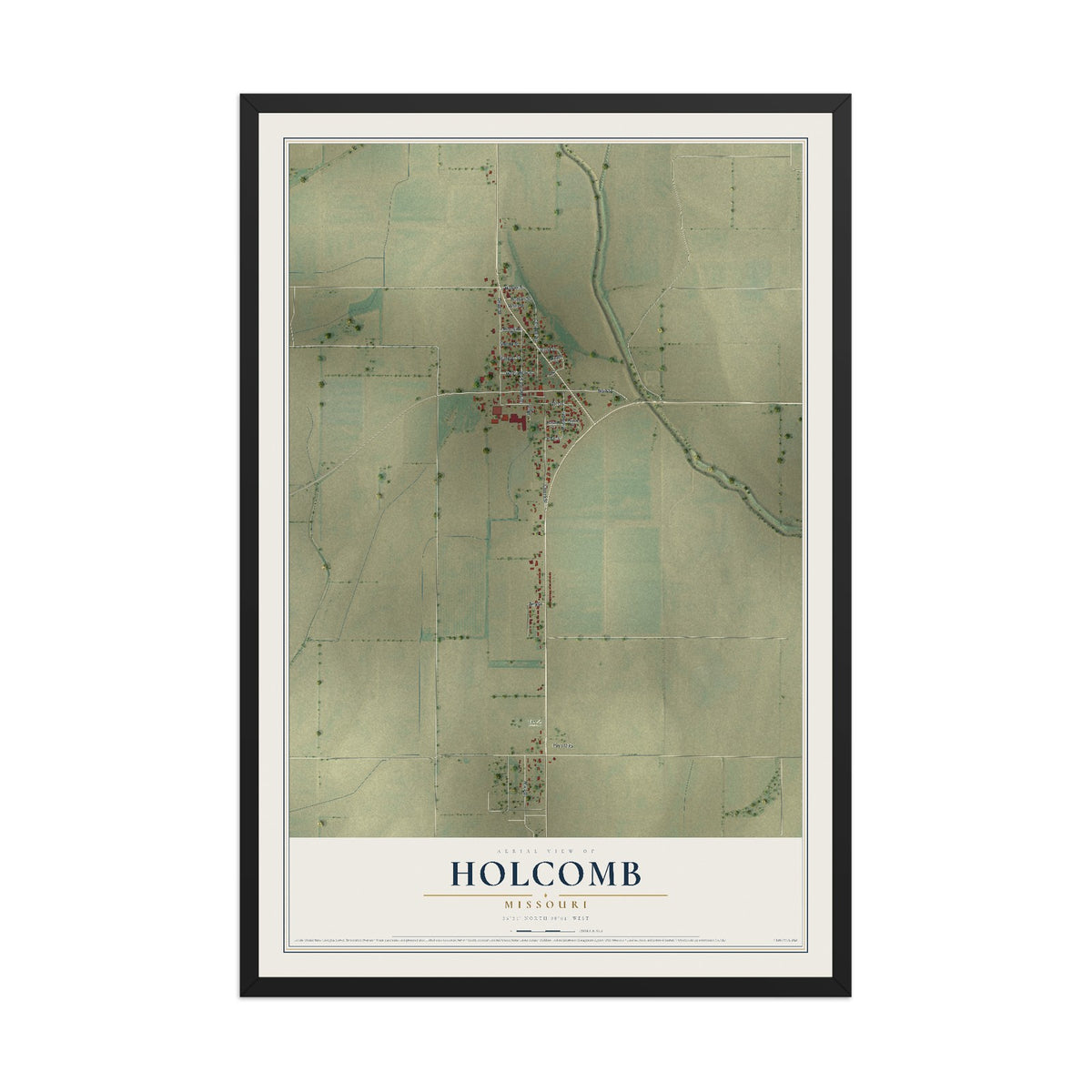 Map of Holcomb, Missouri, 12 x 18 inch print in a black wood frame