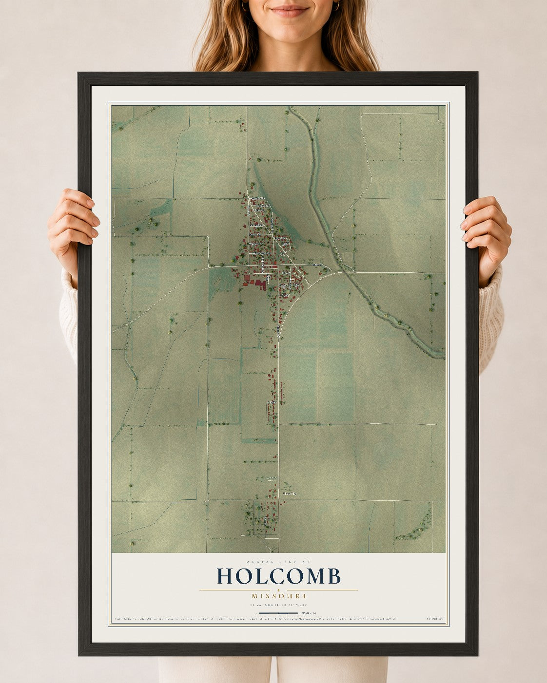 Map of Holcomb, Missouri, 24 x 36 inch print in a black wood frame