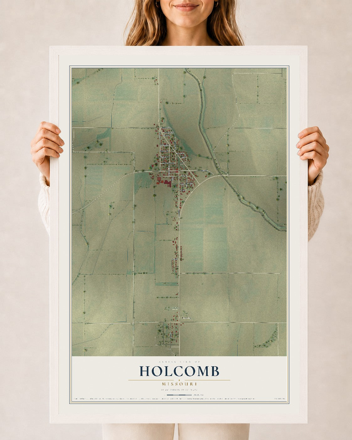 Map of Holcomb, Missouri, 24 x 36 inch print in a white wood frame