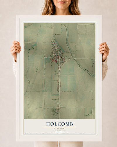 Map of Holcomb, Missouri, 24 x 36 inch print in a white wood frame