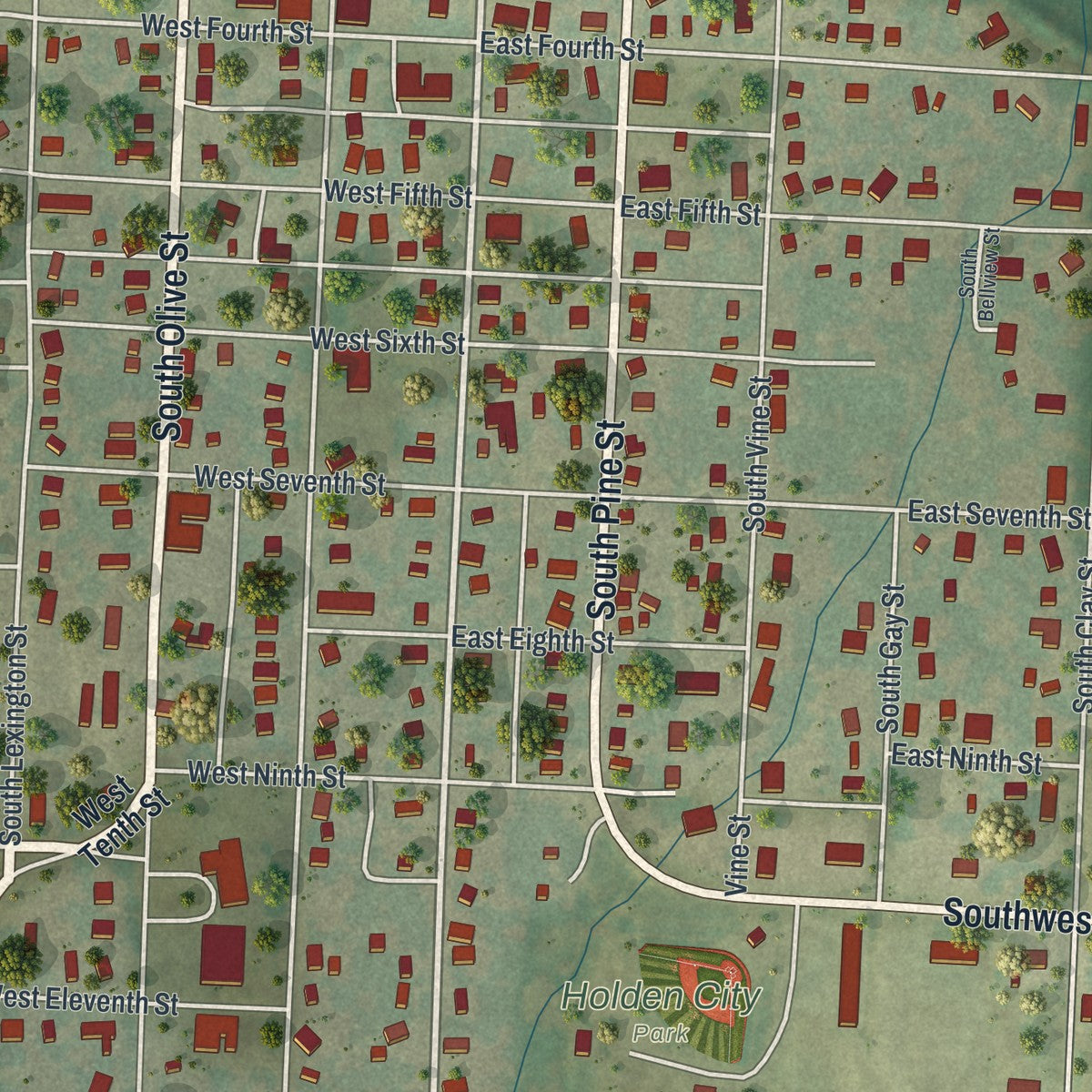 Close-up of the map of Holden, Missouri print showing street and building detail