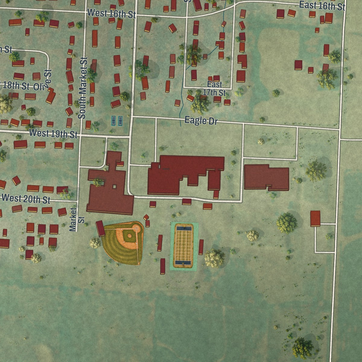 Second close-up of the map of Holden, Missouri print showing more streets and buildings